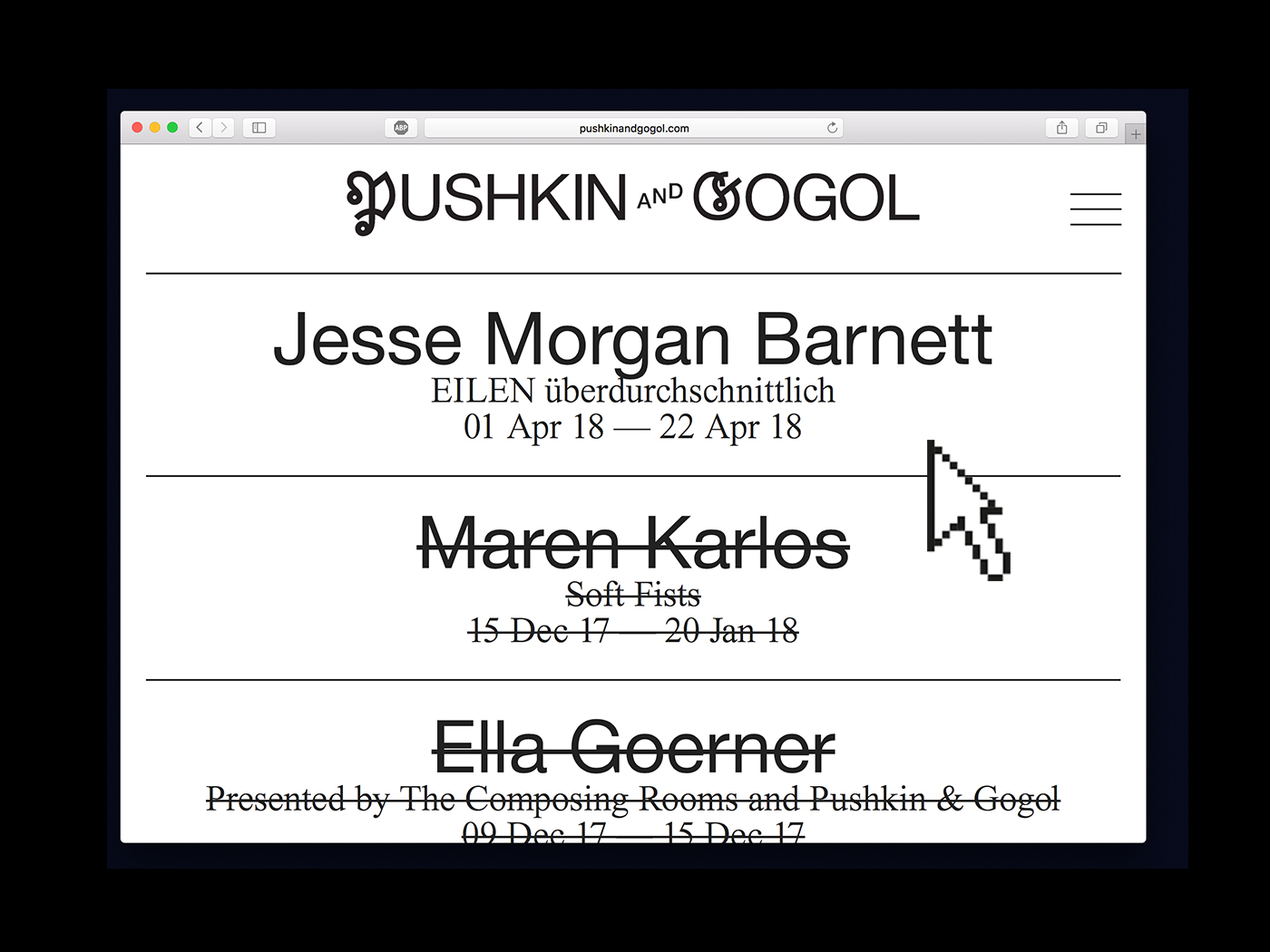 pushkind and gogol contemporary art gallery graphic design website coding javascript lucas hesse